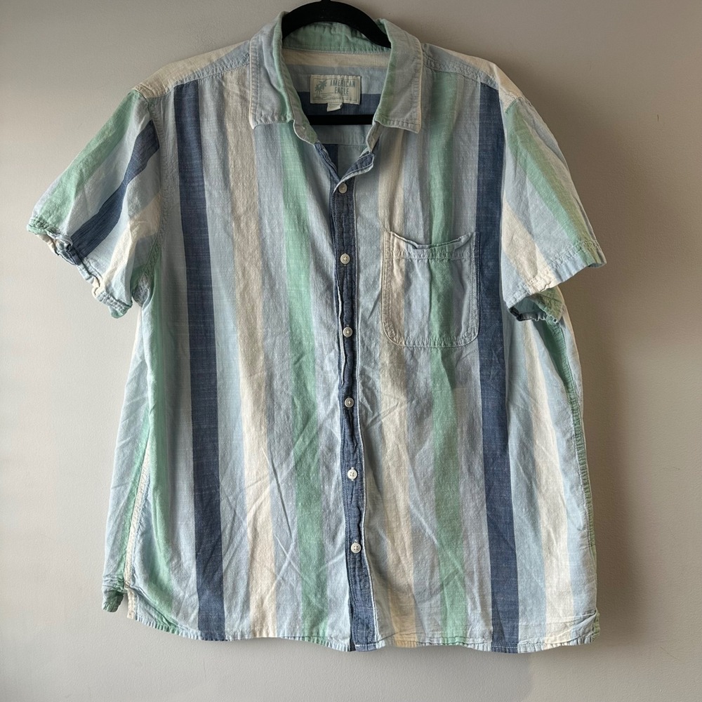 American Eagle Button Down Shirt Mens XL Blue Green Striped‎ Short Sleeve Cotton